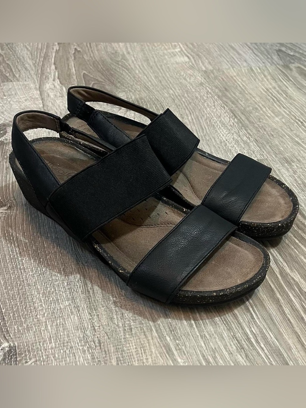 Natural Soul Size 6 Black Leather Strap Open Toe Sling Back Sandals Wedge Heel